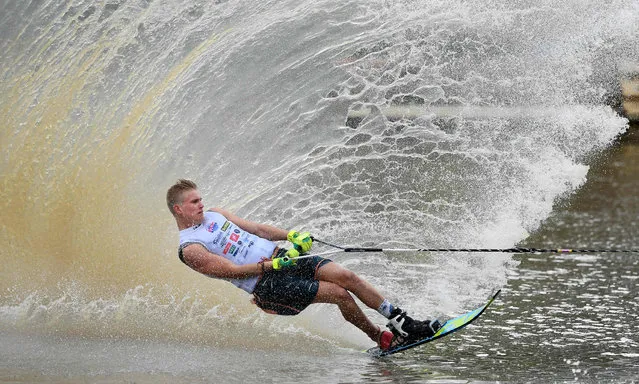 Ben Turp of Britain competes in the Moomba Masters men's slalom water skiing event on the Yarra River in Melbourne on March 6, 2020. (Photo by William West/AFP Photo)