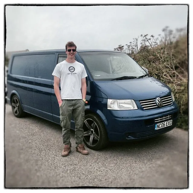 Professional surfer Zak Lawton from Croyde in Devon poses for a photograph besides his 2006 fifth generation T5, Volkswagen Transporter in Newquay on August 8, 2014 in Cornwall, England. The van, which he bought for £8000 and converted himself is nicknamed Foxy. (Photo by Matt Cardy/Getty Images)