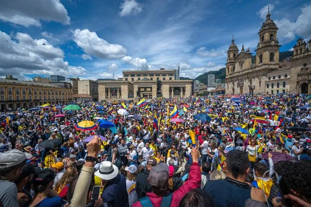 An anti-government demonstrators shout slogans during a protest against the tax reform proposed by President Gustavo Petro on September 26, 2022 in Bogota, Colombia. (Photo by Diego Cuevas/Getty Images)