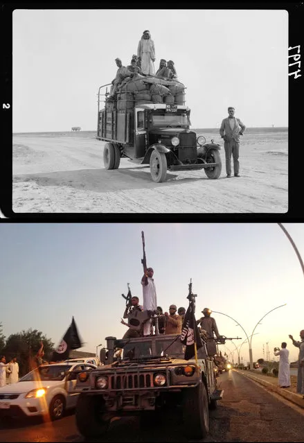 This combination of two photographs shows a 1932 image of men on a lorry on the road to Mosul, northern Iraq, from the Library of Congress, top, and fighters from the Islamic State group parading in a commandeered Iraqi security forces armored vehicle down a main road in Mosul on Monday, June 23, 2014. (Photo by AP Photo)