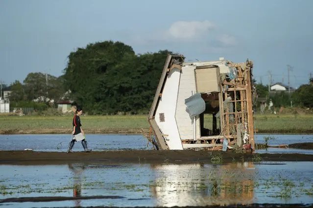 A woman walks towards a collapsed house on a field inundated by floodwaters in Joso in Ibaraki prefecture on September 11, 2015. Thousands of rescuers arrived in a deluged city north of Tokyo on September 11 to help evacuate hundreds of trapped residents and search for 12 people missing after torrential rains triggered massive flooding. (Photo by AFP Photo/JIJI Press)