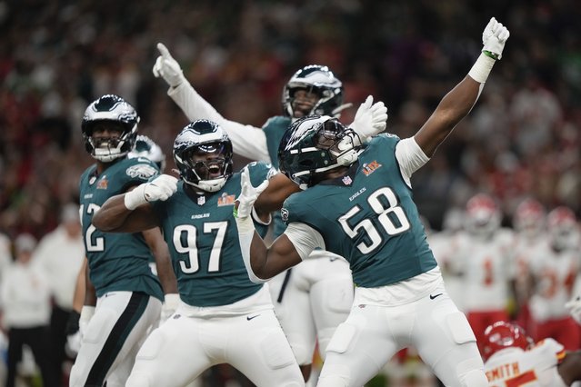 Philadelphia Eagles linebacker Jalyx Hunt (58) celebrates after sacking Kansas City Chiefs quarterback Patrick Mahomes during the first half of the NFL Super Bowl 59 football game, Sunday, February 9, 2025, in New Orleans. (Photo by Matt Slocum/AP Photo)