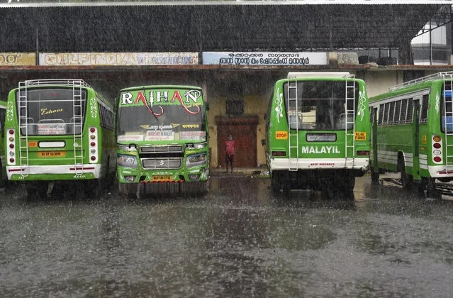 A man wearing a mask stands next to buses that have not been plying for near past two months as it rains in Kochi, Kerala state, India, Thursday, May 28, 2020. Many buses are still lying idle though services have partially resumed in the state. India sees no respite from the coronavirus caseload at a time when the two-month-old lockdown across the country is set to end on Sunday. (Photo by R.S. Iyer/AP Photo)