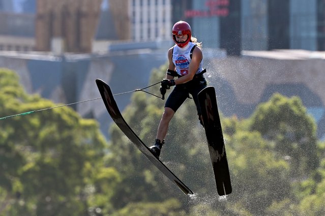 Britain's Sanchia Outram competes in the Moomba Masters water skiing jump women's final on the Yarra River during the annual Moomba Festival in Melbourne on March 10, 2025. (Photo by William West/AFP Photo)