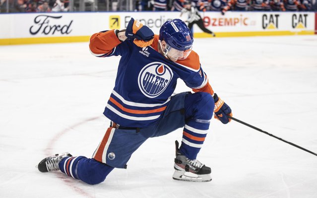 Edmonton Oilers' Corey Perry Photo: 90) celebrates a goal against the Los Angeles Kings during the second period of an NHL playoff game in Edmonton on Sunday, April 27, 2025. (Photo by Jason Franson/The Canadian Press via AP Photo)