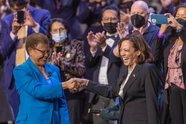 Vice President Kamala Harris, the first woman of color to hold the office, and Karen Bass, the first woman of color to serve as Mayor of Los Angeles, shake hands after the administration of the Oath of Office to Bsss on December 11, 2022 in Los Angeles, California. As Rep. Karen Bass becomes mayor, Black people will be leading the four largest cities in America. Bass has pledged to immediately address the citys homelessness crisis by declaring a state of emergency on day one. (Photo by David McNew/Getty Images)