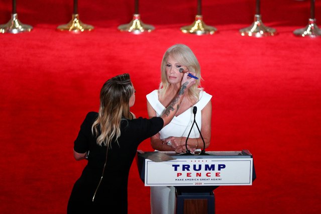 A staff member applies makeup for White House counselor Kellyanne Conway before Conway delivered her pre-recorded address to the largely virtual 2020 Republican National Convention from the Mellon Auditorium in Washington, U.S., August 26, 2020. (Photo by Tom Brenner/Reuters)