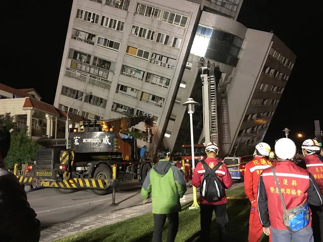 A damaged building in Hualien, eastern Taiwan, after a magnitude 6 earthquake hit Hualien on the night of 06 February 2018. TV reports said several buildings were damaged and at least two persons were killed and some 100 were injured during the quake. Rescue teams are trying to rescue people inside the buildings. Some bridges and roads are damaged and the main road to Hualien, the Suhua Highway (Suao to Hualien Highway) is closed. More than 100 quakes have hit off Taiwan's east coast in the past three days. The Seismological Observation Center said they are cuased by the friction between the Philipine Plate and Eurasian Plate. (Photo by EPA/EFE/Stringer)