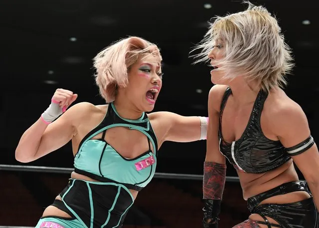 Wrestling star Hana Kimura and Giulia compete during the Women's Pro-Wrestling Stardom - No People Gate at Korakuen Hall on March 08, 2020 in Tokyo, Japan. The event is held behind closed doors due to coronavirus outbreak. (Photo by Etsuo Hara/Getty Images)