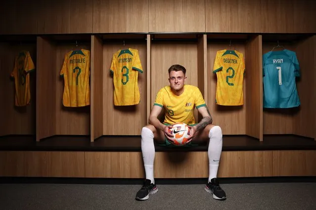 Professional footballer who plays as a centre-back for Premier League club Leicester City and the Australia national team Harry Souttar poses during a  Socceroos Media Opportunity at Accor Stadium on March 23, 2023 in Sydney, Australia. (Photo by Matt King/Getty Images)