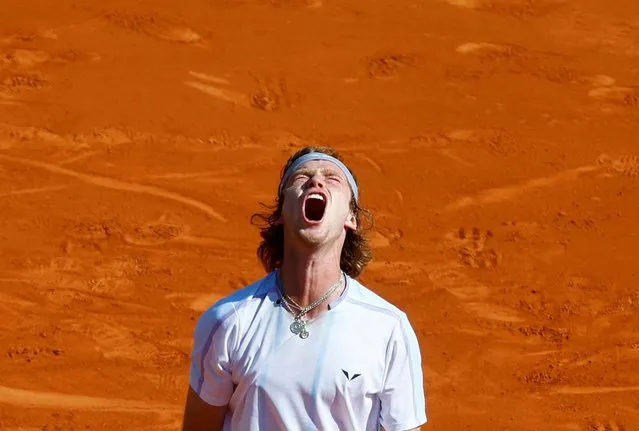 Russia's Andrey Rublev celebrates winning his second round match against Spain's Jaume Munar during the Monte Carlo Masters, in Roquebrune-Cap-Martin, France on April 11, 2023. (Photo by Eric Gaillard/Reuters)