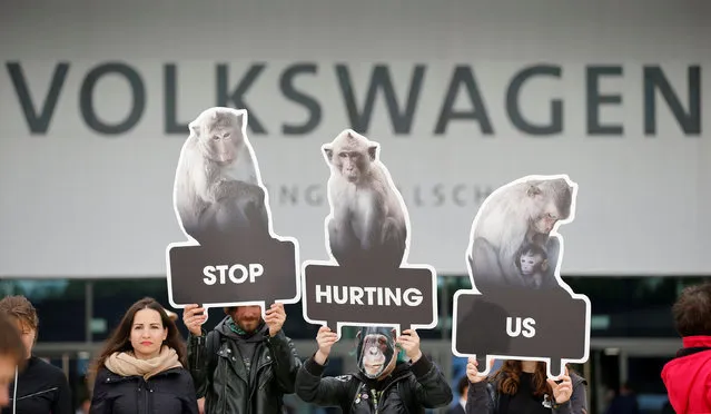 Activists from People for the Ethical Treatment of Animals (PETA) demonstrate during the Volkswagen Group's annual general meeting in Berlin, Germany, May 3, 2018. (Photo by Axel Schmidt/Reuters)