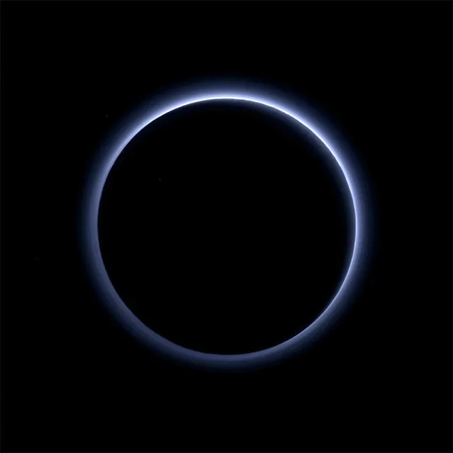 Pluto's haze layer shows its blue color in this picture taken by NASA's New Horizons Ralph/Multispectral Visible Imaging Camera released October 8, 2015. The high-altitude haze is thought to be similar in nature to that seen at Saturn's moon Titan. This image was generated by software that combines information from blue, red and near-infrared images to replicate the color a human eye would perceive as closely as possible. (Photo by Reuters/NASA/JHUAPL/SwRI)