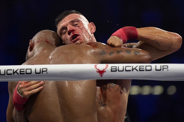 US boxer Austin Trout (L) and British boxer Rico Franco fight during the Bare Knuckle Fighting Championship (BKFC) in Marbella on October 12, 2024. (Photo by Jorge Guerrero/AFP Photo)