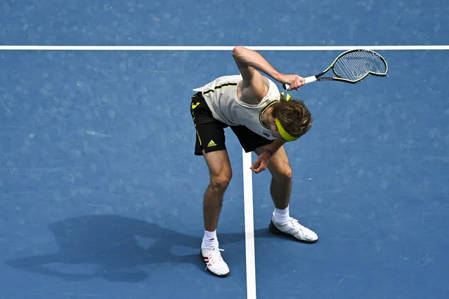 Alexander Zverev of Germany smashes a racquet during his first Round Men's singles match against Marcos Giron of the USA on Day 1 of the Australian Open at Melbourne Park in Melbourne, Australia, 08 February 2021. (Photo by Dean Lewins/EPA/EFE)