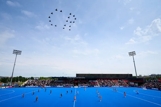 Typhoon fighters, on the way to Buckingham Palace and Trooping the Colour, form the King's cypher during the Netherland's and USA's match during the Women's FIH Hockey Pro League match at Lee Valley in London on Saturday, June 17, 2023. (Photo by John Walton/PA Images via Getty Images)