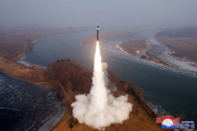This picture taken on January 6, 2025 and released from North Korea's official Korean Central News Agency (KCNA) via KNS on January 7, 2025 shows the launch of a hypersonic missile at an undisclosed location in North Korea. North Korea's leader Kim Jong Un said that a new hypersonic missile system used in a test launch on January 6 would help deter the country's rivals in the Pacific, the North's state news agency reported. (Photo by KCNA via KNS/AFP Photo)