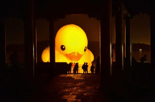 An 18-metre tall inflatable duck is seen through an ancient pagoda during its unveiling at the historic Summer Palace in Beijing on September 25, 2013.  The duck designed by Dutch artist Florentijn Hofman is to be displayed at Beijing's Garden Expo Park and the Summer Palace, from September to October as part of a world tour of 13 cities across 10 countries. (Photo by Mark Ralston/AFP Photo)