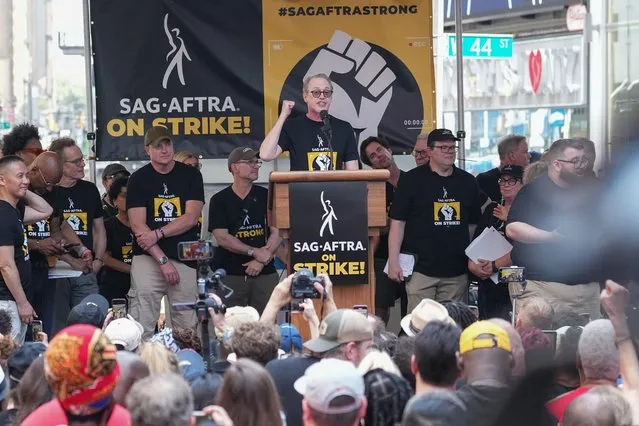 The Hollywood actor Steve Buscemi speaks at the Sag-Aftra strike rally in Times Square in New York, US on July 25, 2023. (Photo by John Nacion/Rex Features/Shutterstock)