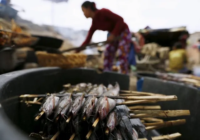 A woman prepares to grill fishes for sale at a slum area near railway tracks in Phnom Penh, Cambodia January 13, 2016. (Photo by Samrang Pring/Reuters)