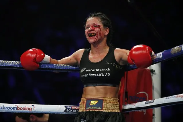 Boxing Britain, Katie Taylor vs Viviane Obenauf, Manchester Arena on December 10, 2016. Viviane Obenauf with a cut eye. (Photo by Andrew Couldridge/Reuters/Action Images/Livepic)
