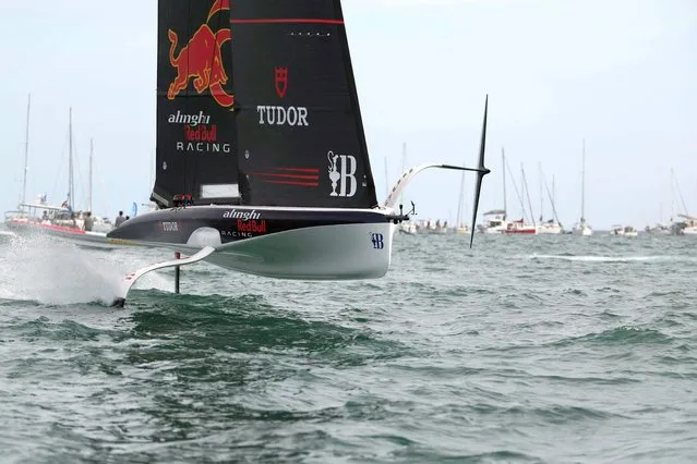 Switzerland's Alinghi Red Bull Racing sails prior the race on the second day of the 37th America's Cup first preliminary regatta, off the coast of Vilanova i la Geltru on September 16, 2023. After this first preliminary regatta the teams will head to Jeddah, Saudi Arabia, for a second regatta between November 29 to December 2, 2023. The third and last preliminary regatta will be held in August 2024 in Barcelona where all the America’s Cup teams will race in their new AC75s for the very first time. (Photo by Lluis Gene/AFP Photo)