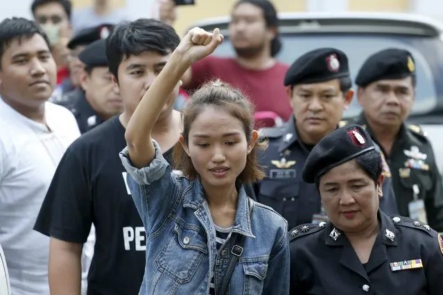 Student activist Chonthicha Jangrew arrives at the Thai military court in after being arrested in Bangkok, Thailand, January 21, 2016. Thai authorities arrested a group of activists, included Chonthicha, wanted for attempting to demonstrate against the military last month, police said on Thursday, the latest arrest of dissidents in the junta-ruled country. (Photo by Athit Perawongmetha/Reuters)