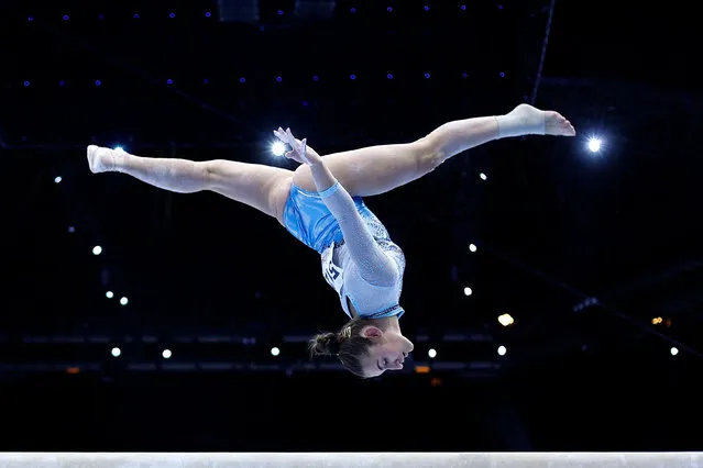 Italy's Angela Andreoli competes on the Balance Beam in the Women's Team Final during the 52nd FIG Artistic Gymnastics World Championships, in Antwerp, northern Belgium, on October 4, 2023. (Photo by Kenzo Tribouillard/AFP Photo)