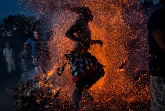 A Balinese man kicks up the fire during the “Mesabatan Api” ritual ahead of Nyepi Day on March 20, 2015 in Gianyar, Bali, Indonesia. Mesabatan Api is held annually a day before the Nyepi Day of Silence, as it symbolizes the purification of universe and human body through fire. Nyepi is a Hindu celebration observed every New Year according to the Balinese calendar. (Photo by Agung Parameswara/Getty Images)