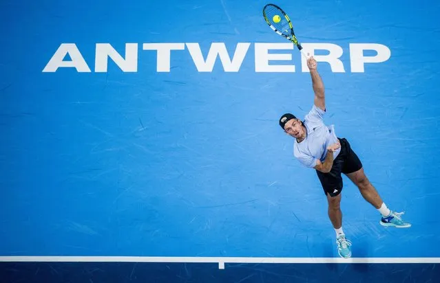 Germany's Maximilian Marterer serves during a round of 32 match against France's Richard Gasquet at the European Open Tennis ATP tournament in Antwerp on October 17, 2023. (Photo by Jasper Jacobs/Belga via AFP Photo)