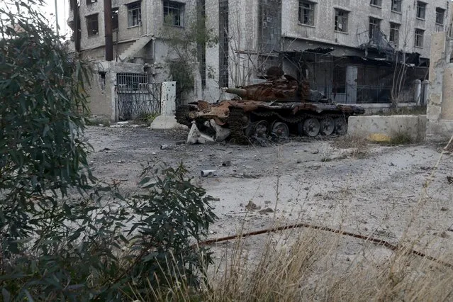 A damaged tank is pictured in the rebel-controlled area of Jobar, a suburb of Damascus, Syria March 3, 2016. (Photo by Bassam Khabieh/Reuters)