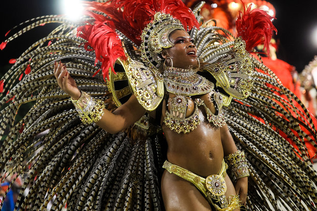 A member of Salgueiro Samba School performs during the parade at 2019 Brazilian Carnival at Sapucai Sambadrome on March 04, 2019 in Rio de Janeiro, Brazil. Rio's two nights of Carnival parades began today in a burst of fireworks and to the cheers of thousands of tourists and locals who have previously enjoyed street celebrations (known as “blocos de rua”) all around the city. (Photo by Buda Mendes/Getty Images)