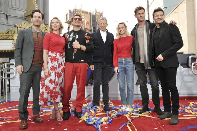 “Avengers: Endgame” cast members, Paul Rudd, from left, Scarlett Johansson, Robert Downey Jr., Robert Iger, Brie Larson, Chris Hemsworth and Jeremy Renner appear at an event announcing the Universe Unites Charity at Disney California Adventure Park on Friday, April 5, 2019, in Anaheim, Calif. (Photo by Richard Shotwell/Invision/AP Photo)