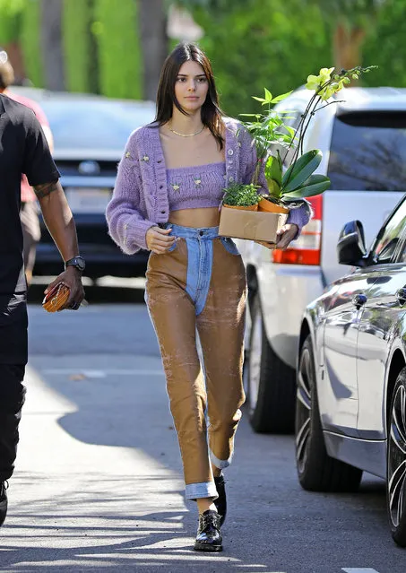 Kendall Jenner steps in to a mauve Cadillac Eldorado wearing a matching wool cardigan and a leather-chap/jean mix on a jaunt with friends in Los Angeles on April 6, 2019. The model stepped out in her eclectic get-up carrying a plant with her security guard. (Photo by Splash News and Pictures)
