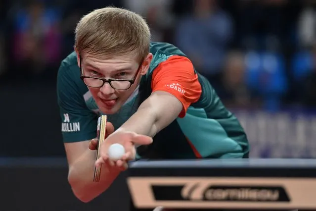 French Felix Lebrun serves to French Simon Gauzy during the men's single semi-final table tennis match in the France 2024 Championship at FDI Stadium in Montpellier, southtern France, on March 24, 2024. (Photo by Sylvain Thomas/AFP Photo)
