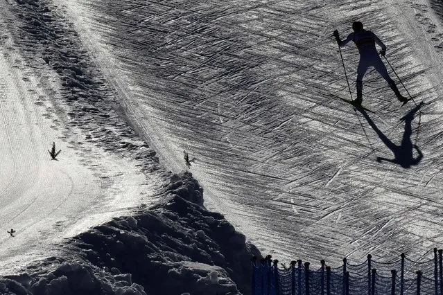 Jarl Magnus Riiber of Norway competes to win the men's cross country section at the Nordic Combined World Cup in Seefeld Austria, Saturday, February 3, 2024. (Photo by Matthias Schrader/AP Photo)