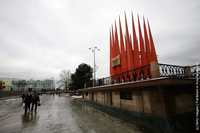 A monument to Vladimir Lenin is seen on the main Lenin Street on November in Yekaterinburg, Russia