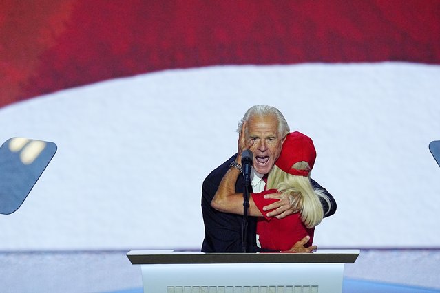 Former Trump adviser Peter Navarro hugs his fiancée as he speaks to the delegates during the third day of Republican National Convention at the Fiserv Forum in Milwaukee, Wisconsin, United States, on July 17, 2024. (Photo by Melina Mara/The Washington Post)