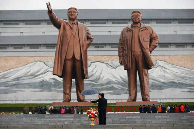 A man holds an umbrella over flowers as people gather to pay their respects at the statues of North Korea founder Kim Il Sung (L) and late leader Kim Jong Il in Pyongyang, North Korea April 14, 2017. (Photo by Damir Sagolj/Reuters)