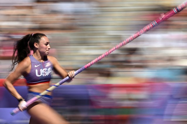 Brynn Taylor King of the United States  competes in the women's pole vault qualification of the athletics event at the Paris 2024 Olympic Games at Stade de France in Saint-Denis, north of Paris, on August 5, 2024. (Photo by Ben Stansall/AFP Phopto)