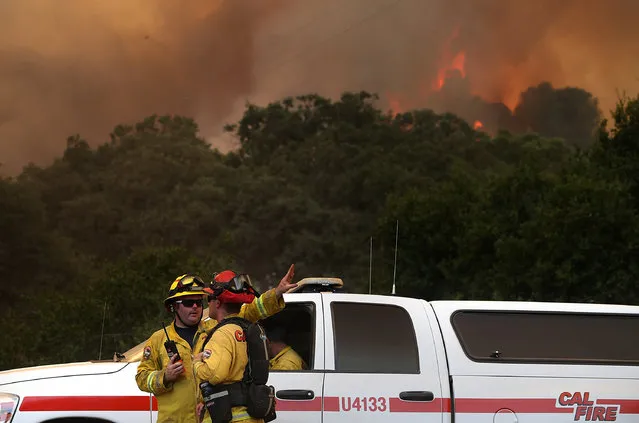 Cal Fire firefighters monitor the Detwiler Fire on July 19, 2017 in Mariposa, California. (Photo by Justin Sullivan/Getty Images)