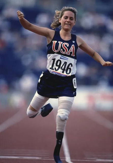 Aimee Mullins of the USA competing in the 100m race during the Paralympics at Olympic Stadium in Atlanta, Georgia, on August 21, 1996. (Photo by Phil Cole/AllSport)