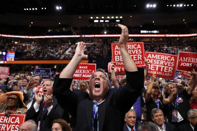 New York delegate David DiPietro reacts during the third day session of the Republican National Convention in Cleveland, Wednesday, July 20, 2016. (Photo by Carolyn Kaster/AP Photo)