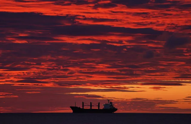 The Olga bulk carrier sits off the coast near Tynemouth, England just before sunrise on July 1, 2019. (Photo by Owen Humphreys/PA Images via Getty Images)