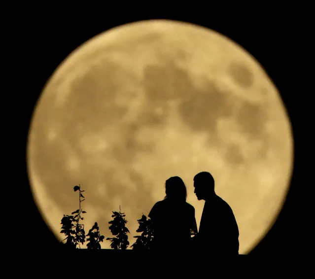 A couple sits on a bluff overlooking the Missouri River as the full moon rises in the distance Monday, Sept. 8, 2014, in Kansas City, Mo. Monday night's full moon, also known as a Harvest Moon, will be the third and final “supermoon” of 2014. The phenomenon, which scientists call a “perigee moon”, occurs when the moon is near the horizon and appears larger and brighter than other full moons. (Photo by Charlie Riedel/AP Photo)