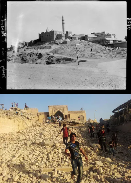 This combination of two photographs shows a 1932 image taken during the autumn of Nebi Yunis, the tomb of the prophet Jonah, in Mosul, northern Iraq, from the Library of Congress, top, and Iraqis walking in the rubble of the revered Muslim shrine after it was was destroyed on Thursday, July 24, 2014 by militants who overran the city in June and imposed their harsh interpretation of Islamic law. Iraq's second largest city, Mosul, is now locked under the rule of extremists from the Islamic State group trying to purge it of everything they see as contradicting their stark vision of Islam. (Photo by AP Photo)