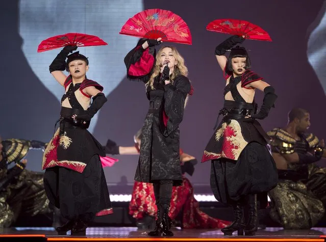 Madonna performs during the premiere of her Rebel Heart tour Wednesday, September 9, 2015 in Montreal.  (Photo by Ryan Remiorz/The Canadian Press via AP Photo)