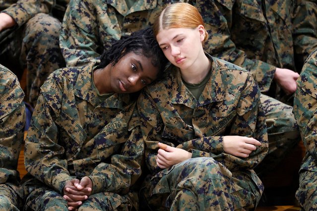 The Junior Reserve Officers' Training Corps (JROTC) cadets wait for a meeting with U.S. first lady Melania Trump and second lady Usha Vance as they visit Lejeune High School at Marine Corps Base Camp Lejeune, in Jacksonville, North Carolina on November 19, 2025. (Photo by Kevin Lamarque/Reuters)