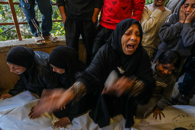 People mourn the loss of the six Palestinians who lost their lives in an Israeli airstrike on tents after violation of the ceasefire in the Mavasi area of Khan Yunis in the southern Gaza Strip on December 4, 2025. The funeral held at the Nasser Hospital by their relatives. (Photo by Abed Rahim Khatib/Anadolu via Getty Images)
