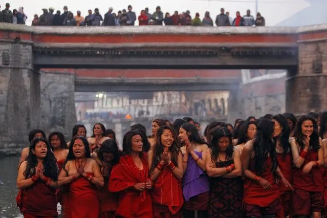 Nepalese women devotees prepare to take a holy dip in the Bagmati River during month long Swasthani Bratakatha festival in Kathmandu, Nepal, Tuesday, January 20, 2015. (Photo by Niranjan Shrestha/AP Photo)